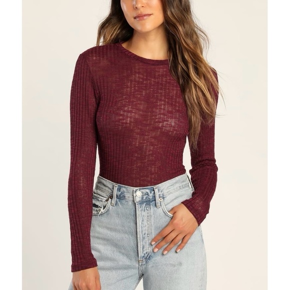 Free People Aura Burgundy Ribbed Knit Long Sleeve Women’s Layering Top Sz XS - Picture 1 of 11